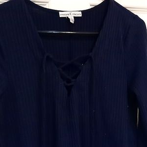 Bell Sleeve Navy Lace Up V neck Sweater Dress